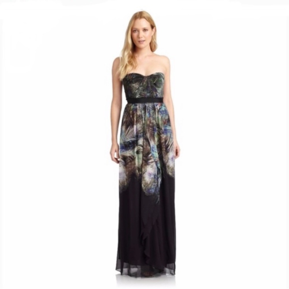 BCBGMaxAzria Strapless Maxi Dress in Black with Peacock Print